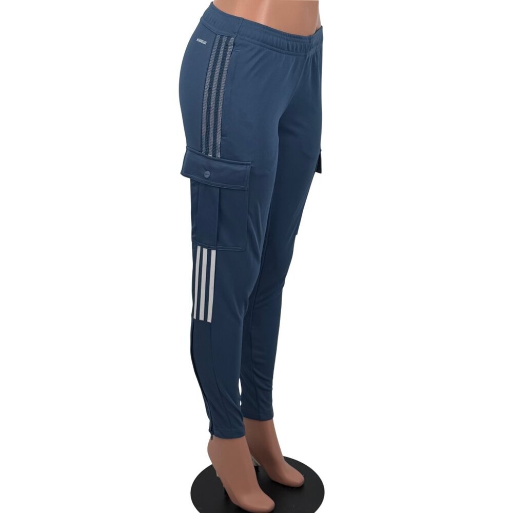 NWOT Adidas Blue Stripe Cargo Pocket Zip Ankle Jogger Pants | Athleisure Utility